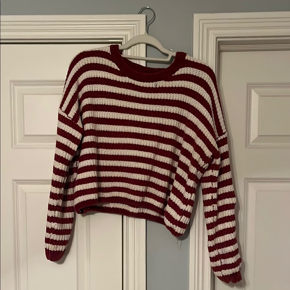 Red and White Crew Neck Striped Sweater